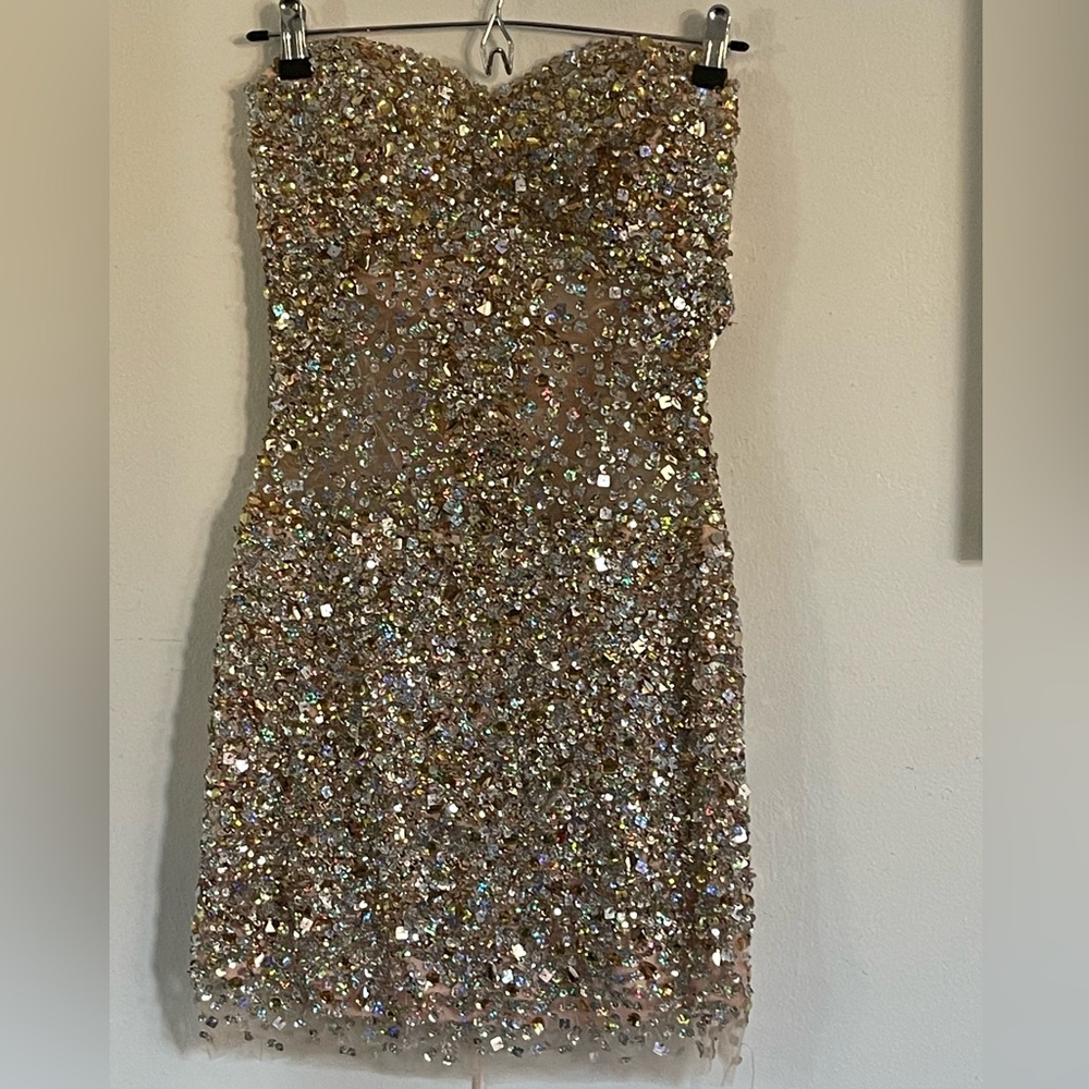 CRYSTAL SEQUIN JOVANI STYLE COUTOUR Strapless cocktail dress
